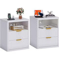 Fluted Nightstand Set of 2, Bedside Table with 2 Drawers & Open Storage Space, Modern White End Table with Metal Handles & Rounded Corners