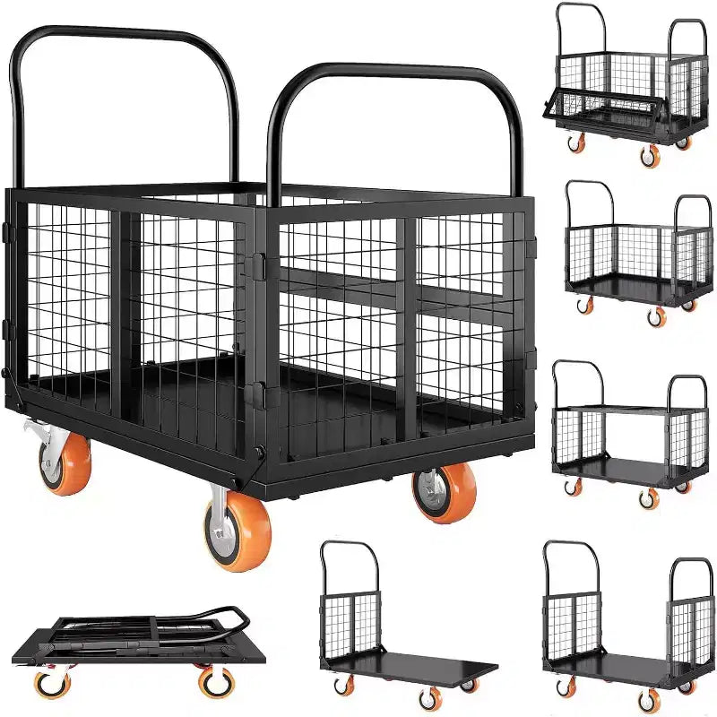 COZONY Platform Truck Cart with Cage, Hand Moving Cart 2000LBS, 6-in-1 Folding Hand Truck Cage Carts w/ Basket for Warehouse Moving,39 x 24in,Black