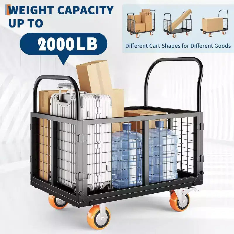 Chariot plateforme COZONY avec cage, Chariot de manutention 907 kg, Chariots à cage pliants 6 en 1 avec panier pour le déplacement en entrepôt, 99 x 61 cm, Noir