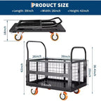Chariot plateforme COZONY avec cage, Chariot de manutention 907 kg, Chariots à cage pliants 6 en 1 avec panier pour le déplacement en entrepôt, 99 x 61 cm, Noir