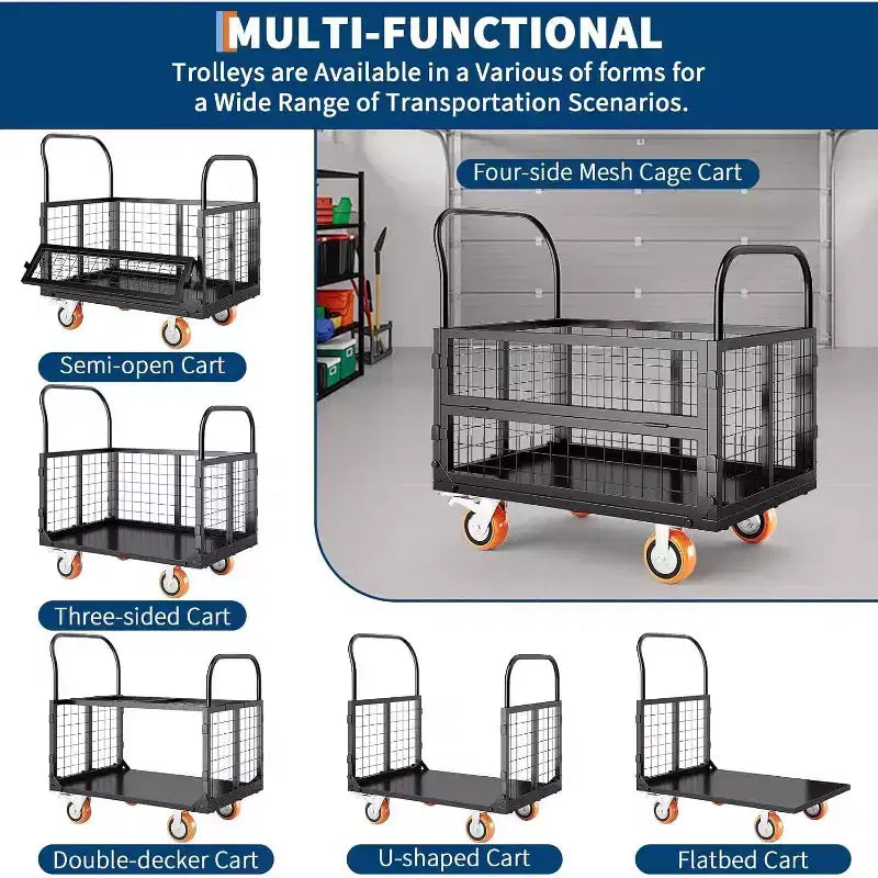 Chariot plateforme COZONY avec cage, Chariot de manutention 907 kg, Chariots à cage pliants 6 en 1 avec panier pour le déplacement en entrepôt, 99 x 61 cm, Noir