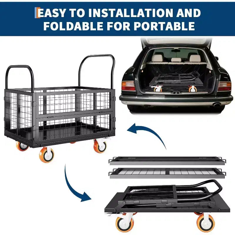 Chariot plateforme COZONY avec cage, Chariot de manutention 907 kg, Chariots à cage pliants 6 en 1 avec panier pour le déplacement en entrepôt, 99 x 61 cm, Noir
