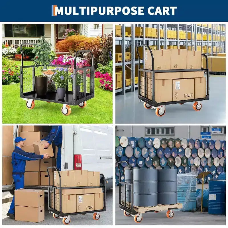 Chariot plateforme COZONY avec cage, Chariot de manutention 907 kg, Chariots à cage pliants 6 en 1 avec panier pour le déplacement en entrepôt, 99 x 61 cm, Noir