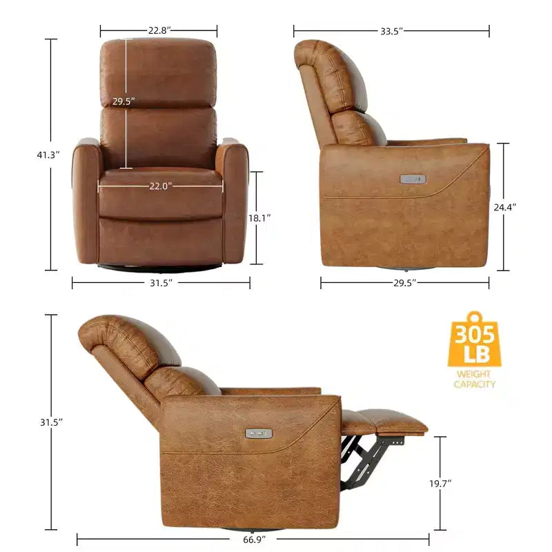 Fauteuil inclinable, pivotant et coulissant en cuir PU avec support lombaire, port de chargement USB et design moderne du milieu du siècle (marron)