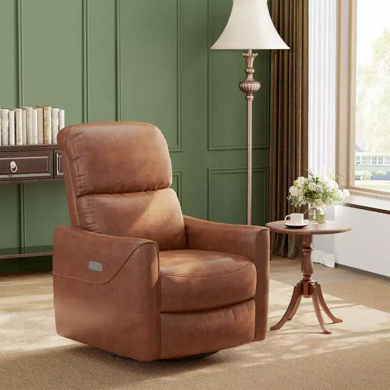 Fauteuil inclinable, pivotant et coulissant en cuir PU avec support lombaire, port de chargement USB et design moderne du milieu du siècle (marron)