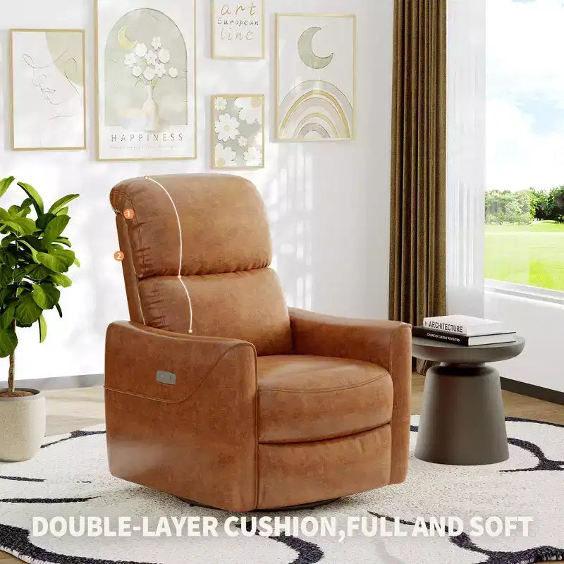 Fauteuil inclinable, pivotant et coulissant en cuir PU avec support lombaire, port de chargement USB et design moderne du milieu du siècle (marron)