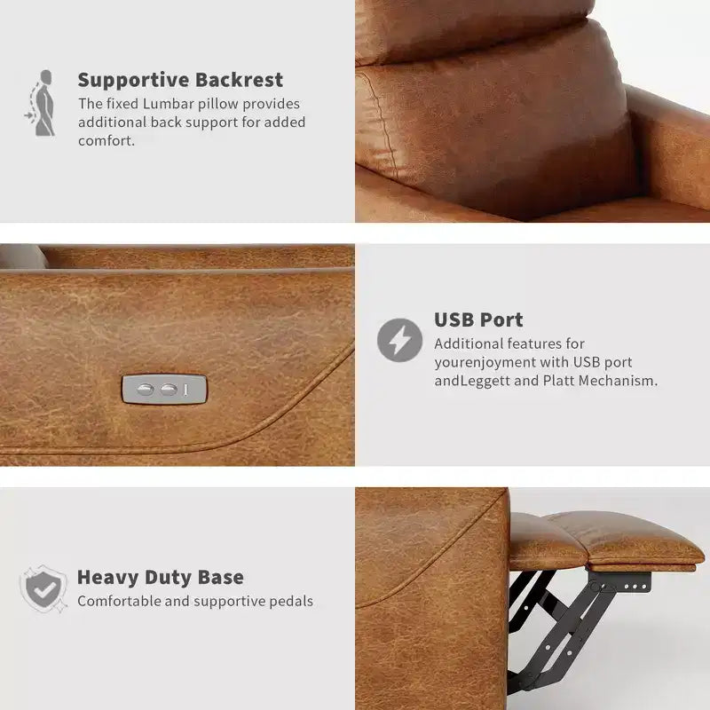 Fauteuil inclinable, pivotant et coulissant en cuir PU avec support lombaire, port de chargement USB et design moderne du milieu du siècle (marron)