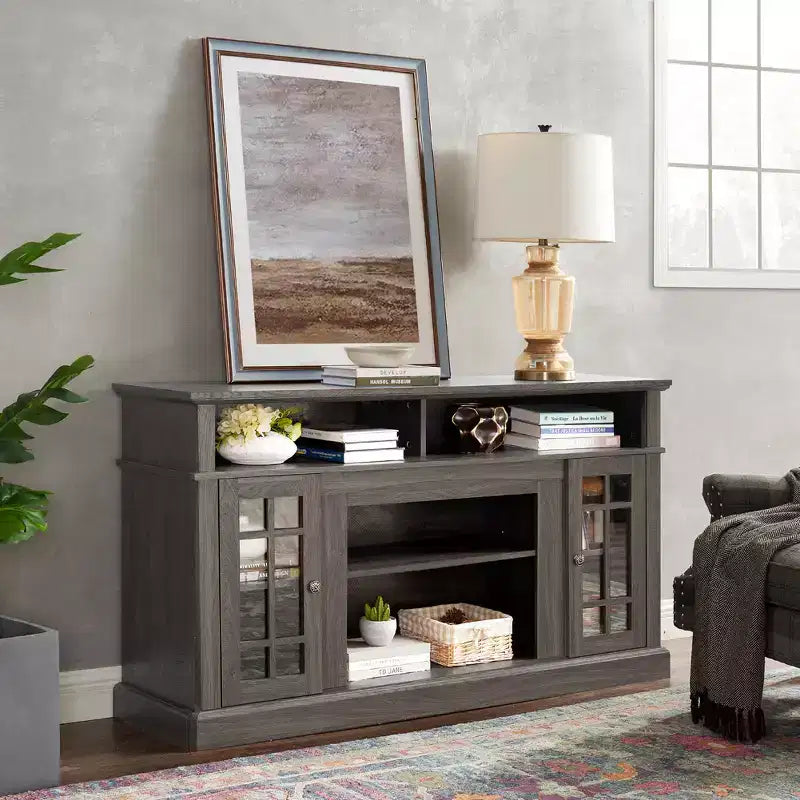 Meuble TV moderne, console multimédia avec placards fermés, porte vitrée et étagères ouvertes, pour salon