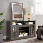 Meuble TV moderne, console multimédia avec placards fermés, porte vitrée et étagères ouvertes, pour salon
