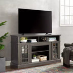 Meuble TV moderne, console multimédia avec placards fermés, porte vitrée et étagères ouvertes, pour salon