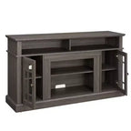 Meuble TV moderne, console multimédia avec placards fermés, porte vitrée et étagères ouvertes, pour salon