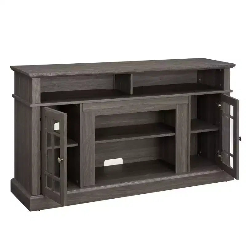 Meuble TV moderne, console multimédia avec placards fermés, porte vitrée et étagères ouvertes, pour salon