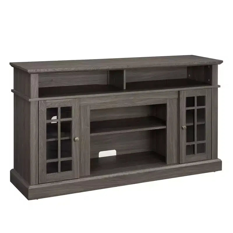 Meuble TV moderne, console multimédia avec placards fermés, porte vitrée et étagères ouvertes, pour salon