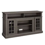 Meuble TV moderne, console multimédia avec placards fermés, porte vitrée et étagères ouvertes, pour salon