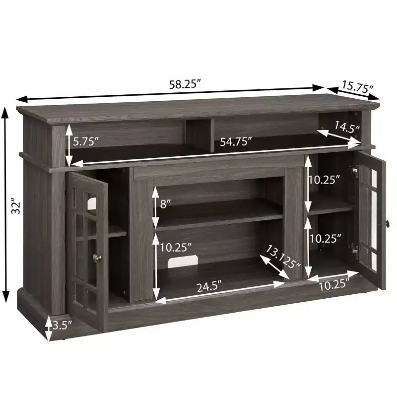 Meuble TV moderne, console multimédia avec placards fermés, porte vitrée et étagères ouvertes, pour salon