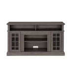 Meuble TV moderne, console multimédia avec placards fermés, porte vitrée et étagères ouvertes, pour salon