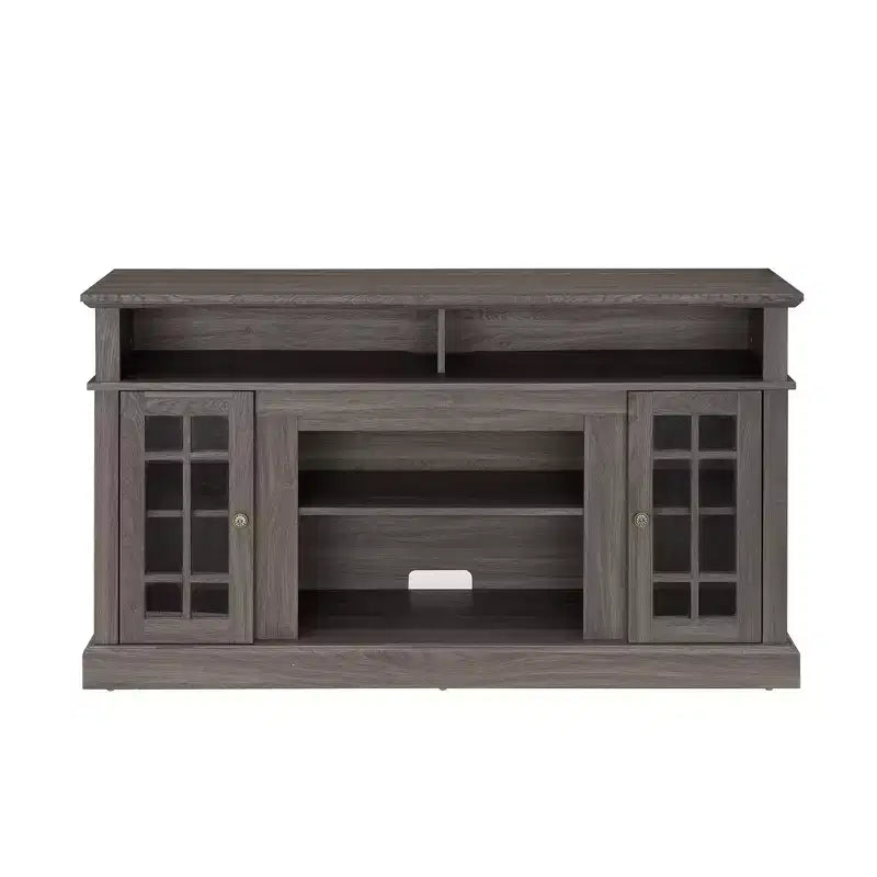 Meuble TV moderne, console multimédia avec placards fermés, porte vitrée et étagères ouvertes, pour salon