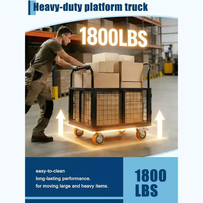 Chariot de plateforme COZONY 6-en-1 avec cage, diable pliable charge 1800 livres avec 4 roues, chariot de poussée pour épicerie, buanderie, garage, entrepôt