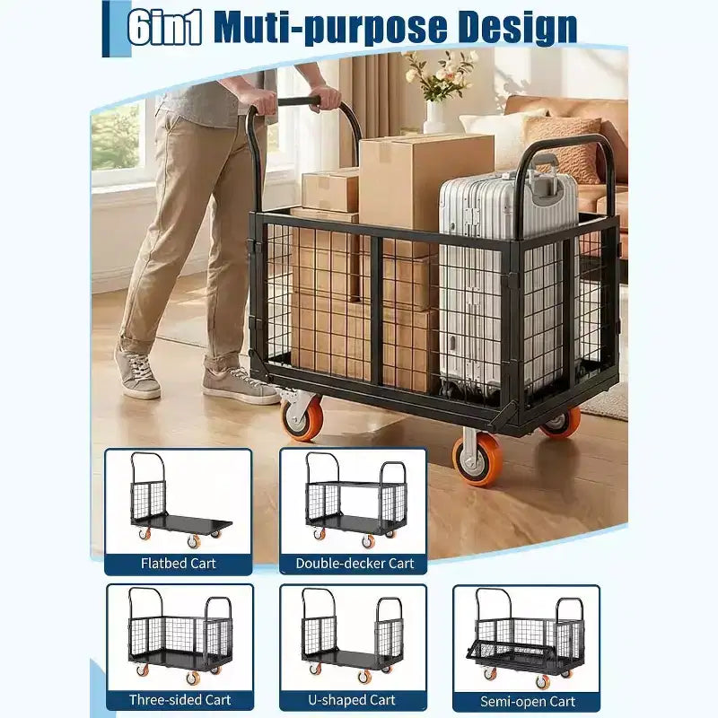 Chariot de plateforme COZONY 6-en-1 avec cage, diable pliable charge 1800 livres avec 4 roues, chariot de poussée pour épicerie, buanderie, garage, entrepôt