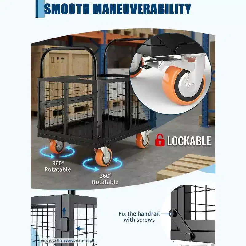 Chariot de plateforme COZONY 6-en-1 avec cage, diable pliable charge 1800 livres avec 4 roues, chariot de poussée pour épicerie, buanderie, garage, entrepôt