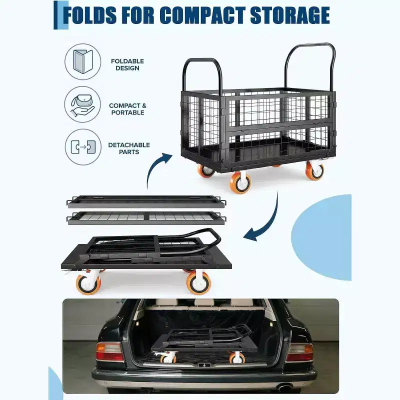 Chariot de plateforme COZONY 6-en-1 avec cage, diable pliable charge 1800 livres avec 4 roues, chariot de poussée pour épicerie, buanderie, garage, entrepôt