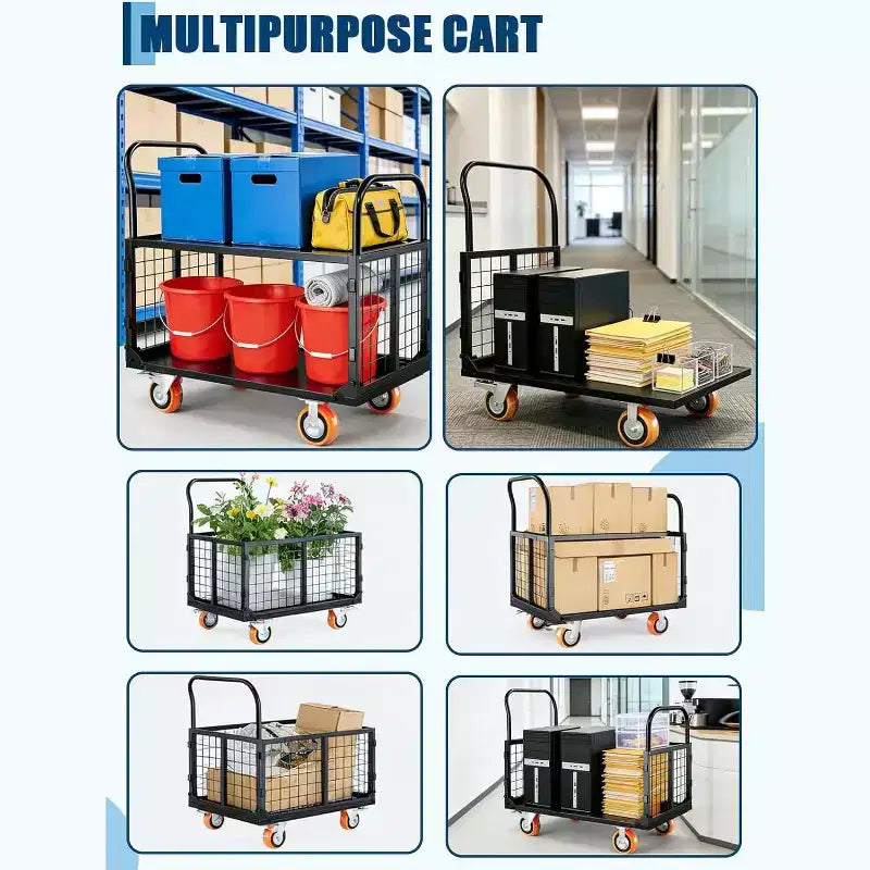 Chariot de plateforme COZONY 6-en-1 avec cage, diable pliable charge 1800 livres avec 4 roues, chariot de poussée pour épicerie, buanderie, garage, entrepôt