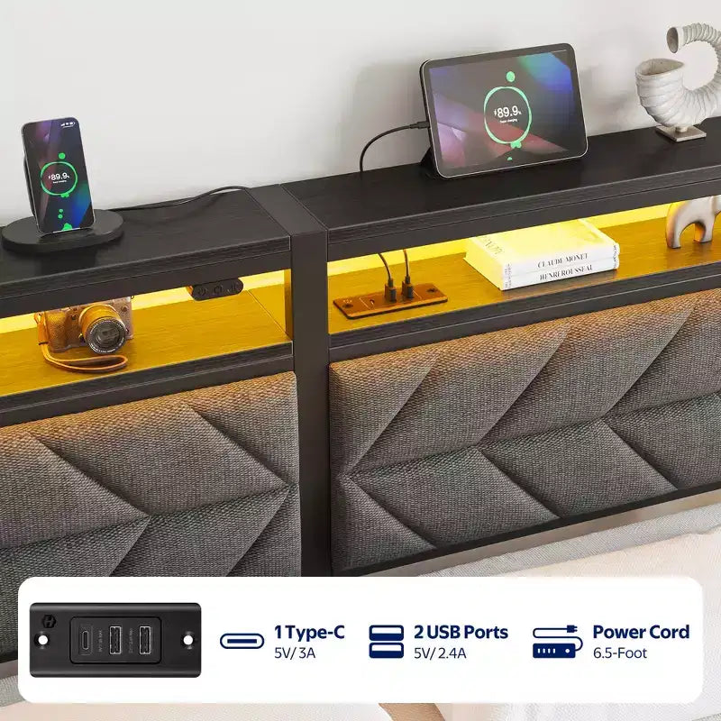 Cadre de lit capitonné avec tête de lit Greenstell - 4 tiroirs de rangement sous le lit, lumières LED à intensité variable et station de charge, montage facile