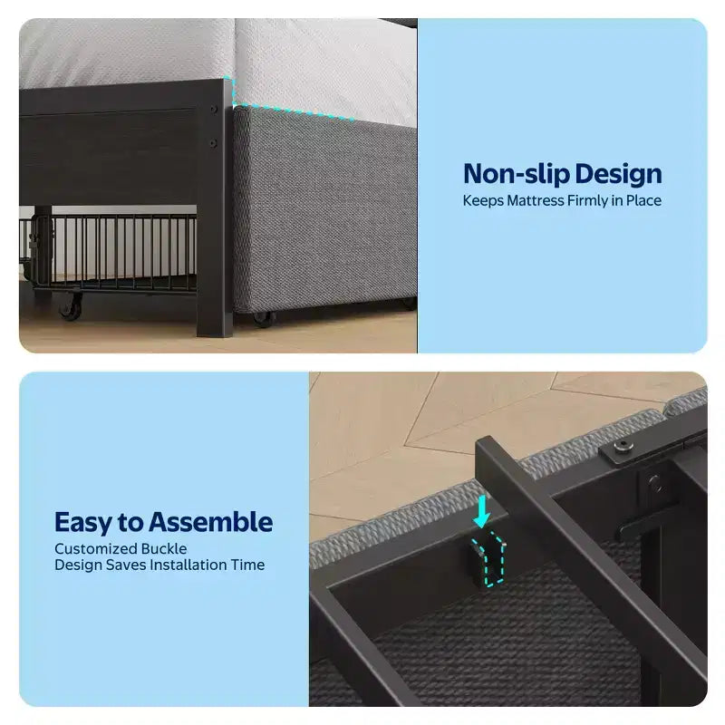 Cadre de lit capitonné avec tête de lit Greenstell - 4 tiroirs de rangement sous le lit, lumières LED à intensité variable et station de charge, montage facile