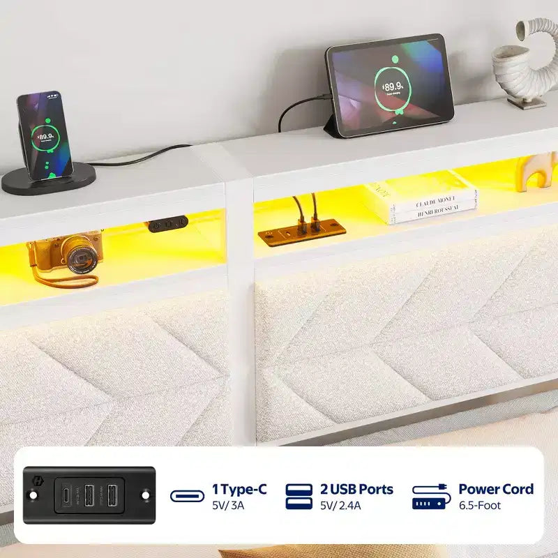 Cadre de lit capitonné avec tête de lit Greenstell - 4 tiroirs de rangement sous le lit, lumières LED à intensité variable et station de charge, montage facile