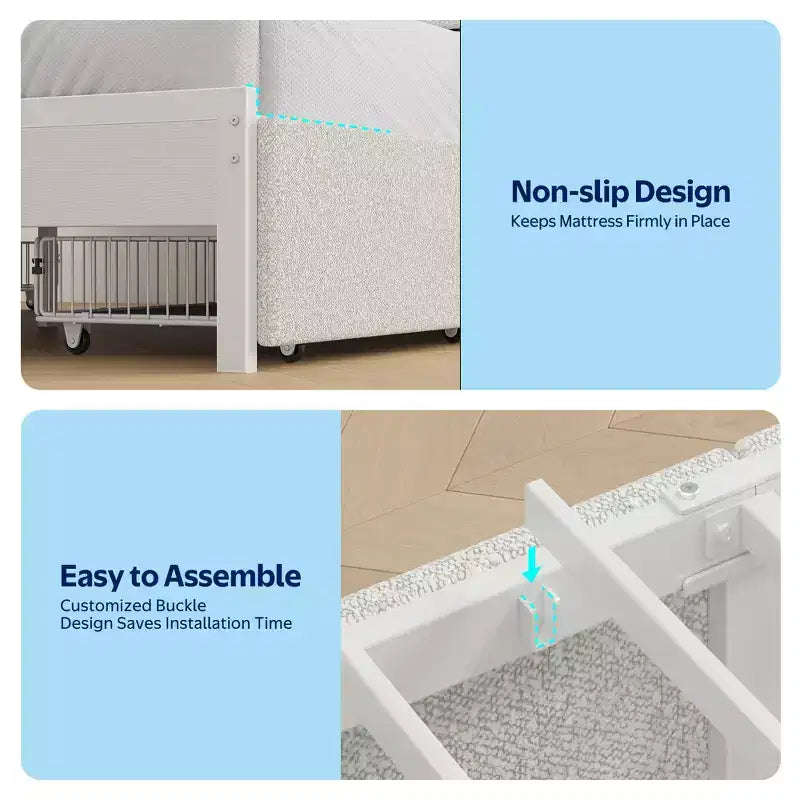 Cadre de lit capitonné avec tête de lit Greenstell - 4 tiroirs de rangement sous le lit, lumières LED à intensité variable et station de charge, montage facile