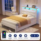 Cadre de lit capitonné avec tête de lit Greenstell - 4 tiroirs de rangement sous le lit, lumières LED à intensité variable et station de charge, montage facile