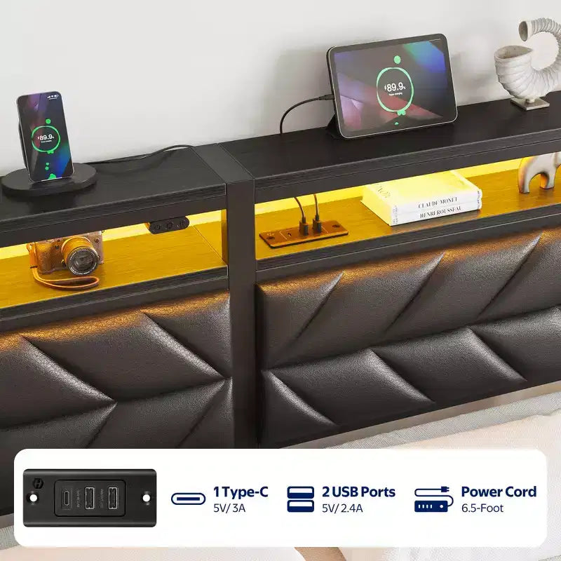 Cadre de lit capitonné avec tête de lit Greenstell - 4 tiroirs de rangement sous le lit, lumières LED à intensité variable et station de charge, montage facile