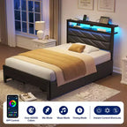 Cadre de lit capitonné avec tête de lit Greenstell - 4 tiroirs de rangement sous le lit, lumières LED à intensité variable et station de charge, montage facile