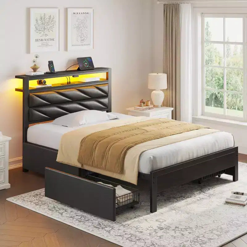 Greenstell Upholstered Storage Headboard Bed Frame - 4 Under-Bed Drawers, Dimmable LED Lights & Charging Station, Easy Assembly