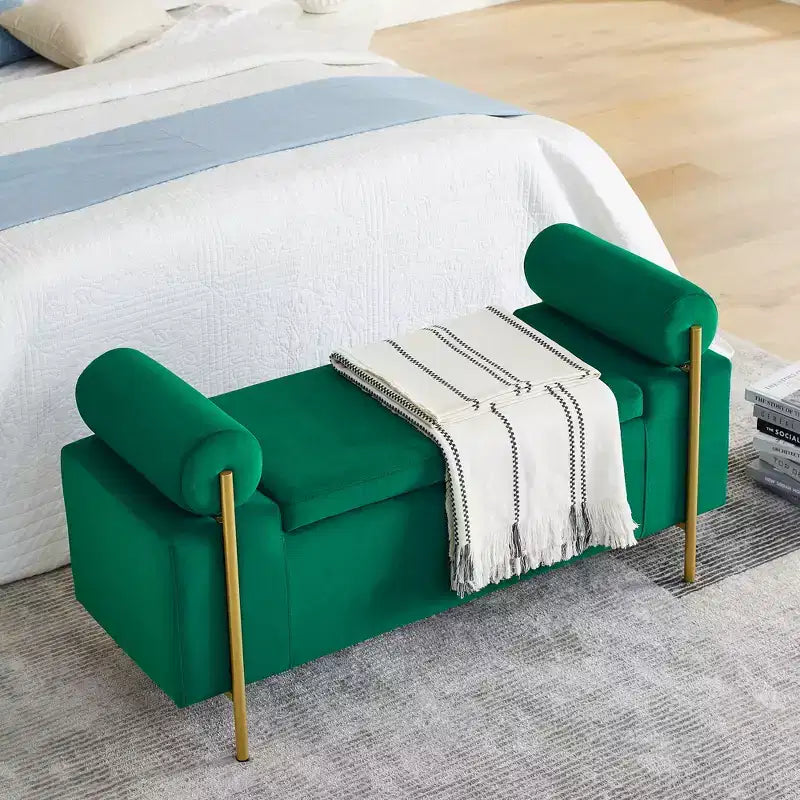 MAYEERTY Banc de Rangement Rembourré Élégant avec Accoudoirs Cylindriques et Pieds en Fer pour Couloir, Salon, Chambre Vert