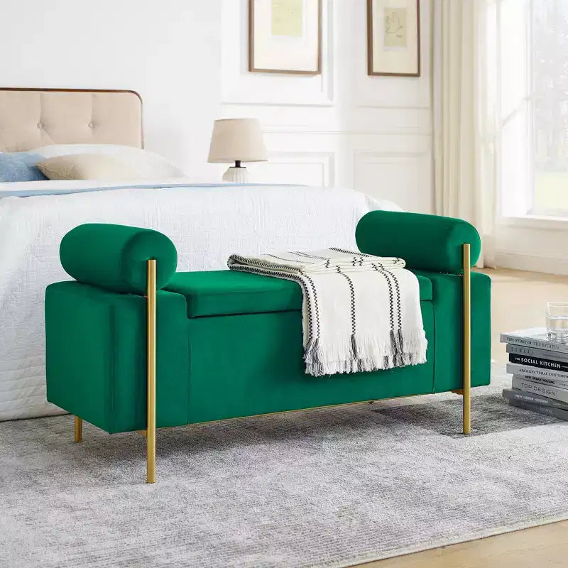 MAYEERTY Banc de Rangement Rembourré Élégant avec Accoudoirs Cylindriques et Pieds en Fer pour Couloir, Salon, Chambre Vert