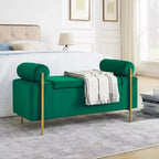 MAYEERTY Banc de Rangement Rembourré Élégant avec Accoudoirs Cylindriques et Pieds en Fer pour Couloir, Salon, Chambre Vert