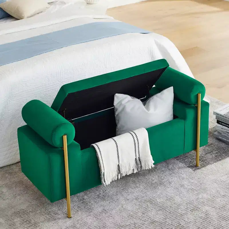 MAYEERTY Banc de Rangement Rembourré Élégant avec Accoudoirs Cylindriques et Pieds en Fer pour Couloir, Salon, Chambre Vert