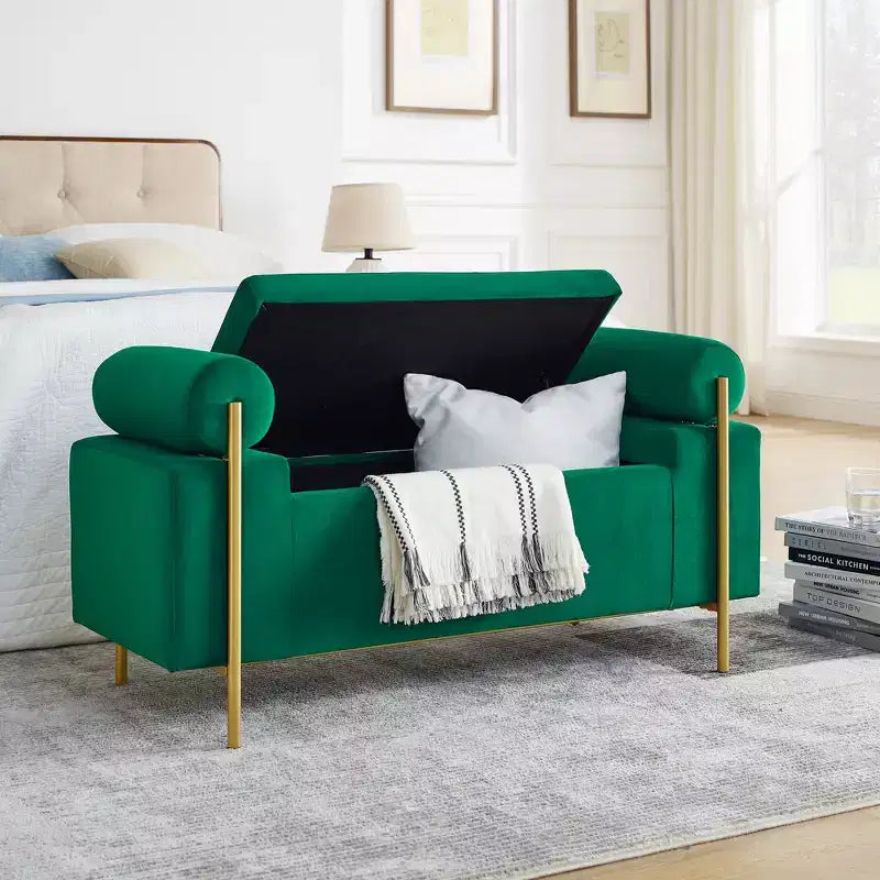 MAYEERTY Banc de Rangement Rembourré Élégant avec Accoudoirs Cylindriques et Pieds en Fer pour Couloir, Salon, Chambre Vert