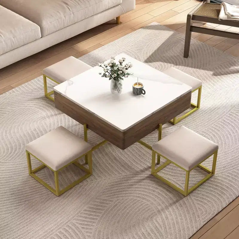 Table basse relevable avec 4 tabourets, Table à manger pliante multifonctionnelle avec rangement caché pour petits espaces