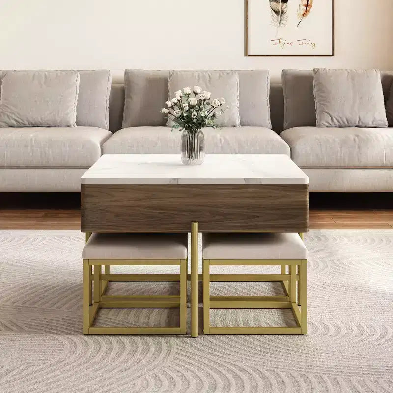 Table basse relevable avec 4 tabourets, Table à manger pliante multifonctionnelle avec rangement caché pour petits espaces