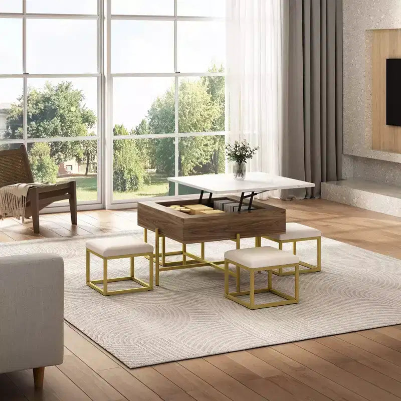 Table basse relevable avec 4 tabourets, Table à manger pliante multifonctionnelle avec rangement caché pour petits espaces