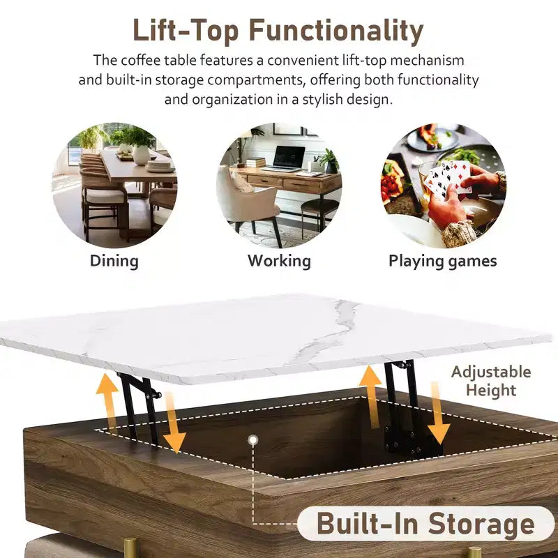 Table basse relevable avec 4 tabourets, Table à manger pliante multifonctionnelle avec rangement caché pour petits espaces