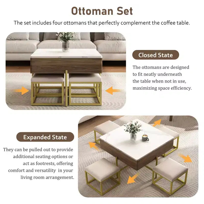 Table basse relevable avec 4 tabourets, Table à manger pliante multifonctionnelle avec rangement caché pour petits espaces