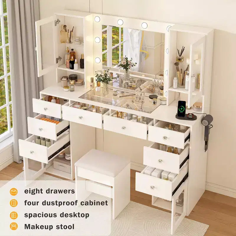 Coiffeuse blanche Dyonery avec miroir LED et tabouret, table de maquillage avec prise de courant intégrée, 8 tiroirs, coiffeuse lumineuse pour l'organisation de la chambre