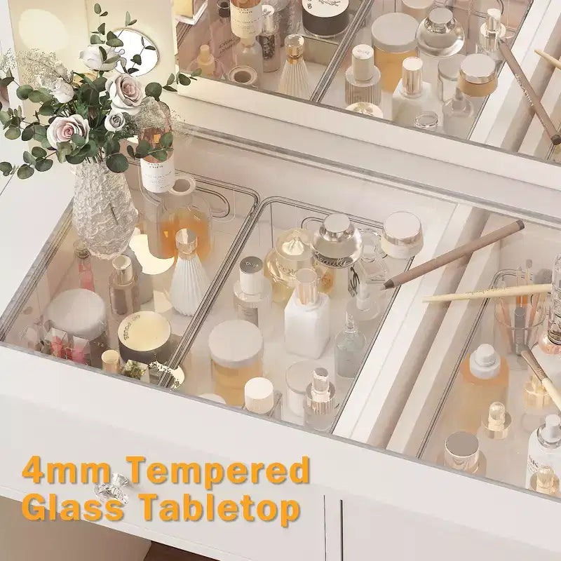 Coiffeuse blanche Dyonery avec miroir LED et tabouret, table de maquillage avec prise de courant intégrée, 8 tiroirs, coiffeuse lumineuse pour l'organisation de la chambre