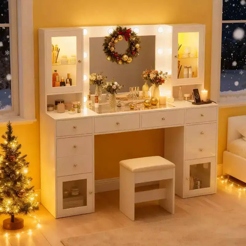 Coiffeuse blanche Dyonery avec miroir LED et tabouret, table de maquillage avec prise de courant intégrée, 8 tiroirs, coiffeuse lumineuse pour l'organisation de la chambre
