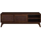 JVNOXK Meuble TV en rotin de style moderne du milieu du siècle, 150 cm, pour téléviseurs jusqu'à 65 pouces, avec pieds en bois massif et portes en rotin - Bois foncé