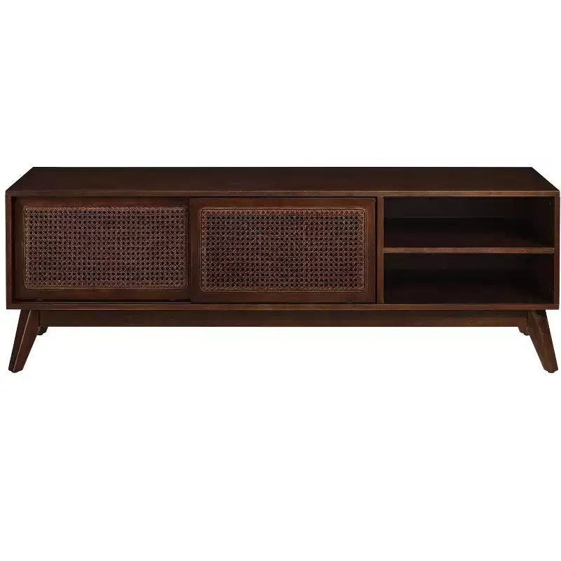 JVNOXK Meuble TV en rotin de style moderne du milieu du siècle, 150 cm, pour téléviseurs jusqu'à 65 pouces, avec pieds en bois massif et portes en rotin - Bois foncé