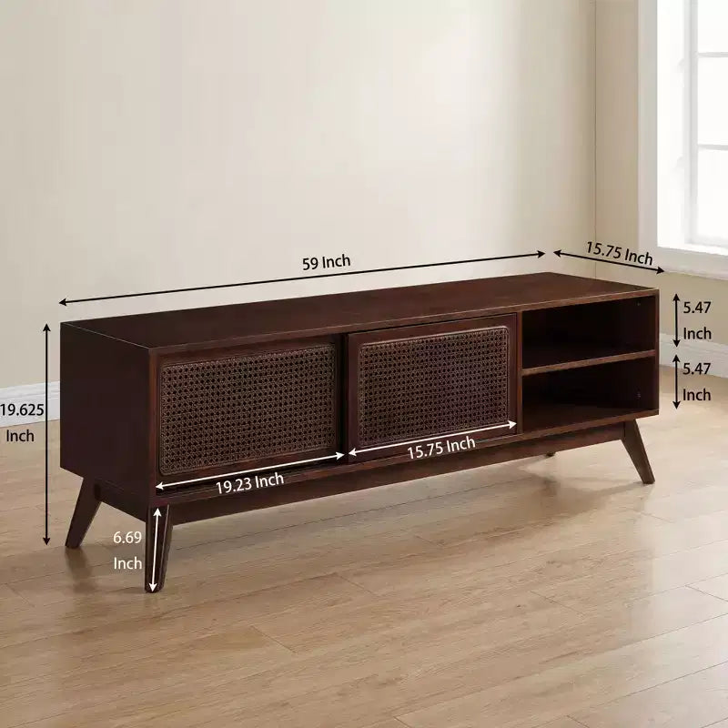 JVNOXK Meuble TV en rotin de style moderne du milieu du siècle, 150 cm, pour téléviseurs jusqu'à 65 pouces, avec pieds en bois massif et portes en rotin - Bois foncé